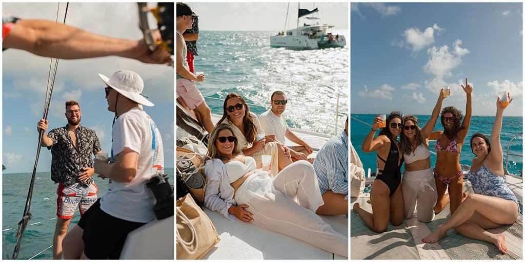 Wedding guests enjoying time on board a catamaran cruise in Mexico