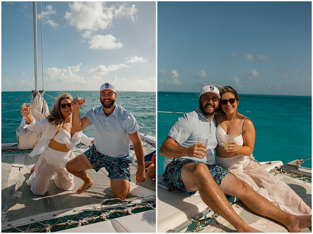 Couple enjoying a catamaran cruise in mexico with drinks