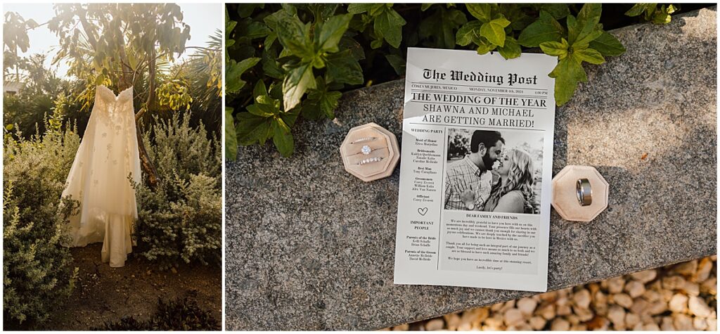 Wedding dress hanging up and newspaper article for wedding