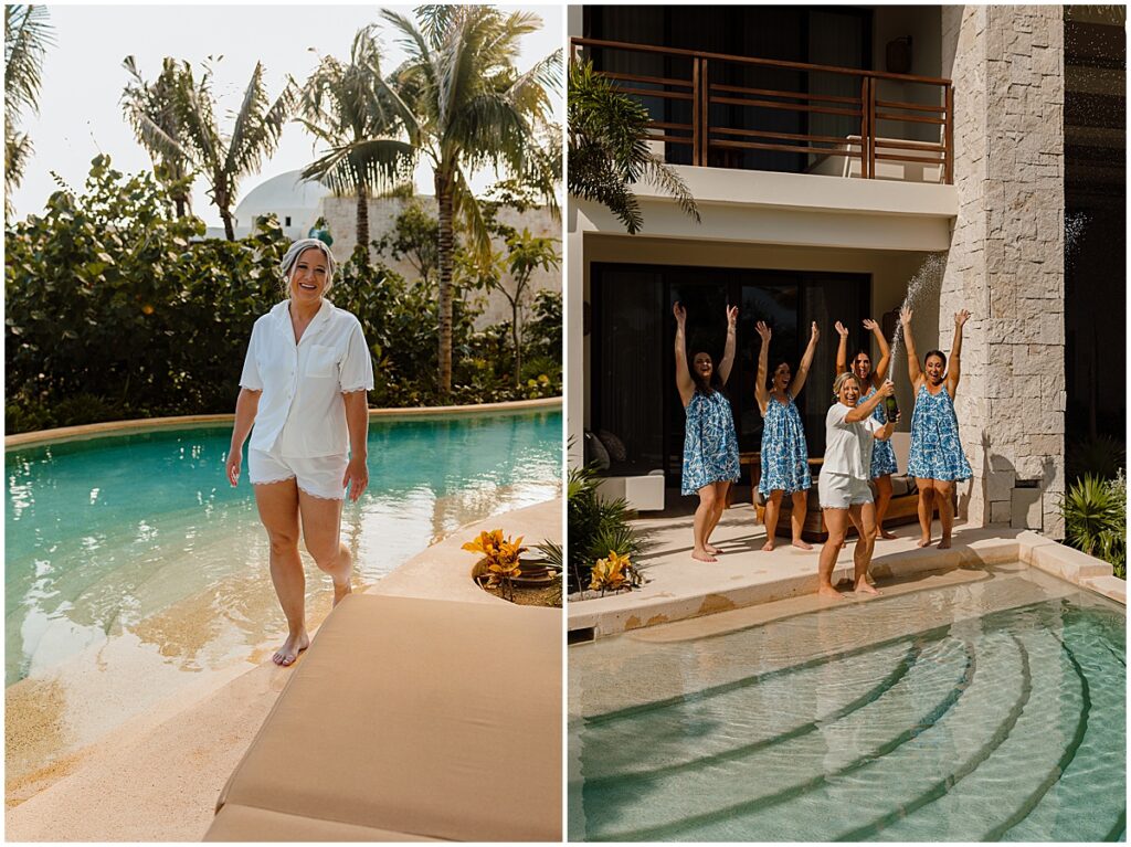 Bride with bridesmaids popping champagne at Secrets Playa Blanca