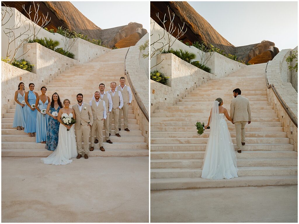 Bride and groom with bridal party, men in tan suits and bridesmaids in blue dresses at Secrets Playa Blanca, Costa Mujeres Mexico