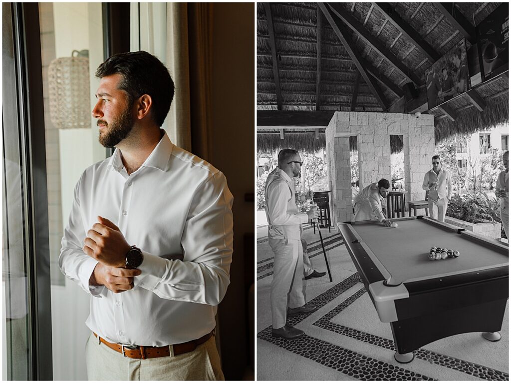 Groom getting ready and playing pool with groomsmen before wedding at Secrets Playa Blanca, Costa Mujeres Mexico