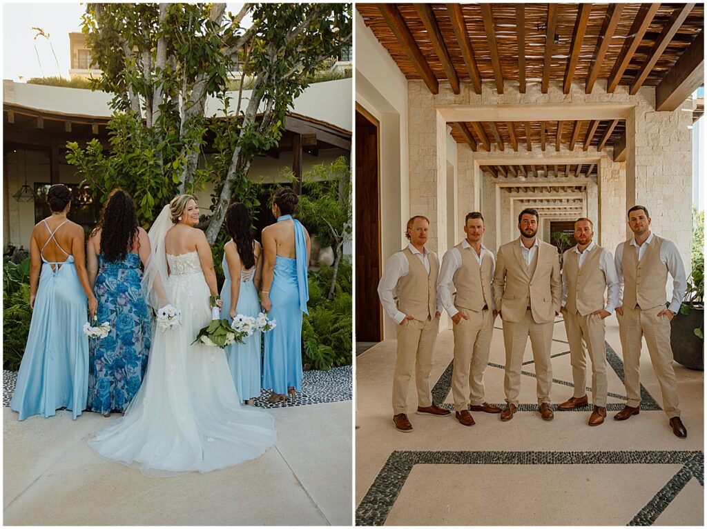 Bride with bridesmaids in blue dresses and groomsmen in tan suits for destination wedding in Mexico