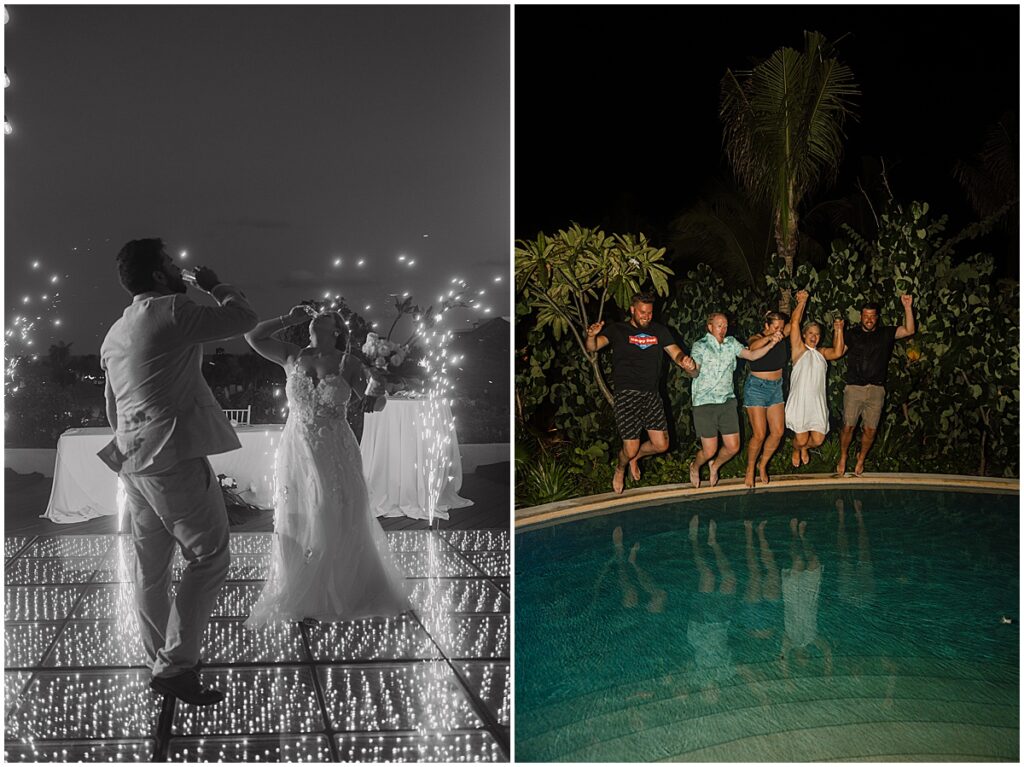 Couple on dance floor and jumping into pool for destination wedding in Mexico