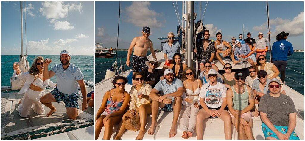 Wedding party on board a catamaran in Costa Mujeres, Mexico