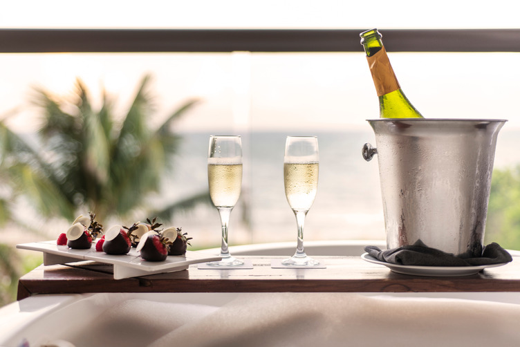 Champagne and strawberries set up at all inclusive hotel in Mexico